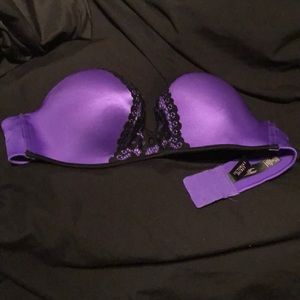 Purple with Black Lace Bombshell Strapless Bra 32C